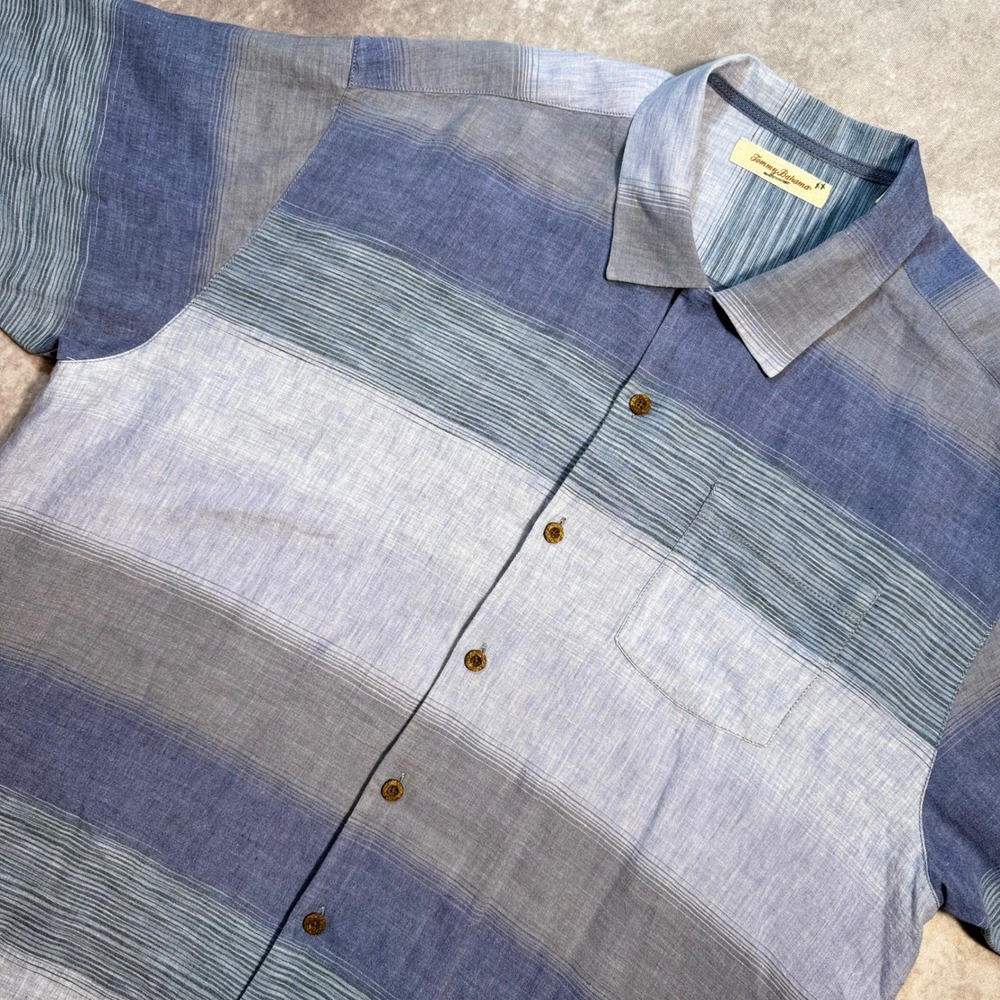 Tommy Bahama Men XL Blue Grey Ombre Striped 100% Linen Short Sleeve Button Shirt